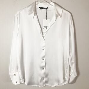 NWT Zara White Satin Button Down Blouse 100% Polyester Women's Size S